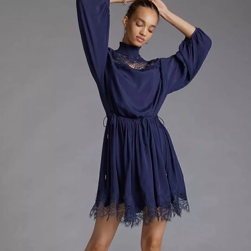 Anthropologie Magali Pascal Silky Lace Mini Dress navy medium NWT